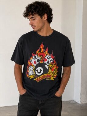True Religion Graphic Flame Casino Dice T-Shirt Black Small Y2K Streetwear Tee